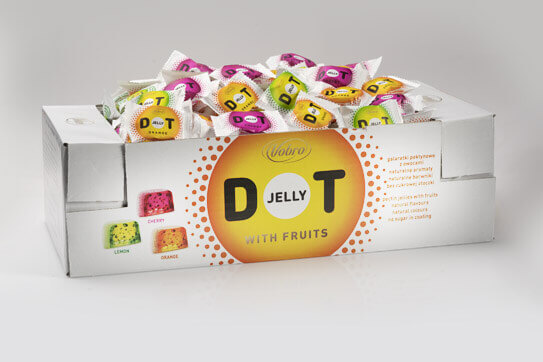 Galaretki Jelly DOT od Vobro o smaku pomarańczowym, wiśniowym i cytrynowym w kartonowym opakowaniu