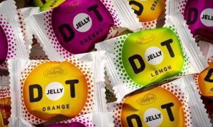 Galaretki Jelly DOT od Vobro o smaku cytrynowym, pomarańczowym i wiśniowym w jasnych zawijkach