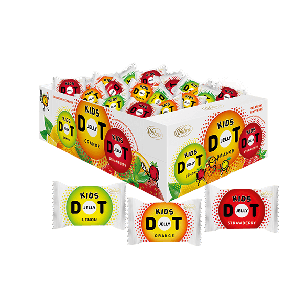 Galaretki Kids Jelly DOT Kids od Vobro w kartonie 3 kg z galaretkami w 3 smakach w zawijce przed kartonem