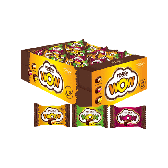 Pianka z galaretką WOW od Vobro w kartonie 2,5 kg z galaretkami w zawijce przed kartonem