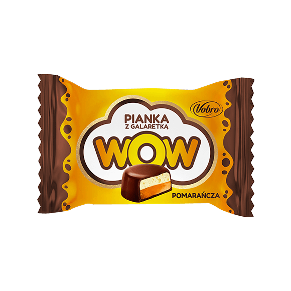 Pianka z galaretką WOW od Vobro o smaku pomarańczowym w czekoladzie, w zawijce