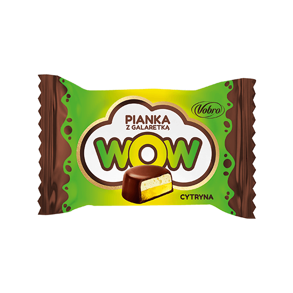 Pianka z galaretką WOW od Vobro o smaku cytrynowym w czekoladzie, w zawijce