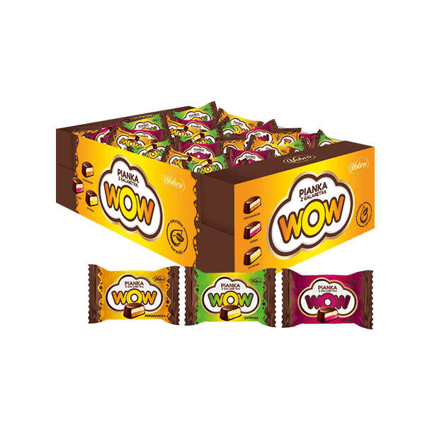 Pianka z galaretką WOW od Vobro w kartonie 2,5 kg z galaretkami w zawijce przed kartonem