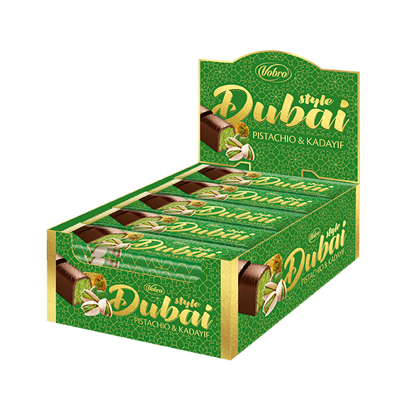 Batony Jamajka Pistachio & Kadayif od Vobro w kartonie na białym tle